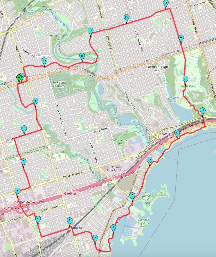 Mimico March 20 km route map